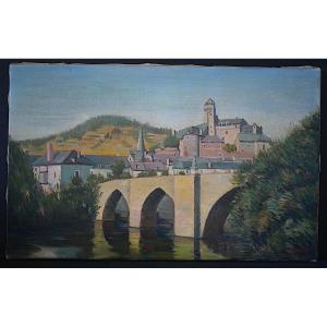 Village Of Lot Estaing Near Entraygues Signed Bèque 20th Century Rt1243