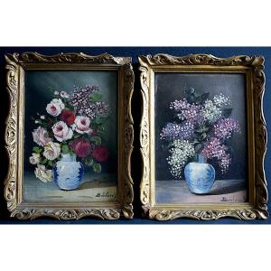 Pair Of Still Lifes Bouquets Of Pink And Lilac Flowers, Early 20th Century, Signed And Identified Rt1256