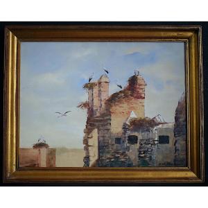 Orientalist Watercolor Storks Marrakech Morocco Signed Zm François XXth Rt1259