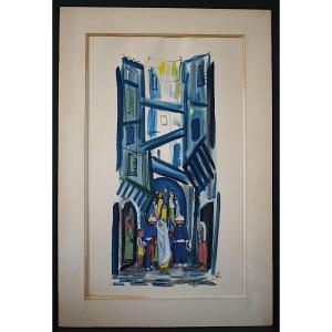 Orientalist Watercolor Street Scene Signed Eric Dated 56 XXth Century Rt1272
