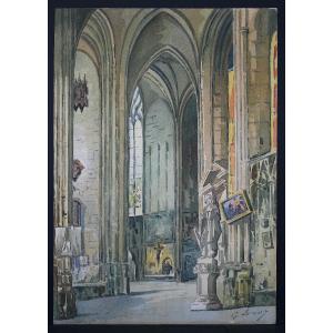 Watercolor Signed G Leroy Interior Of Church 20th Century Rt1273