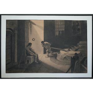 Mythological Drawing “samson Turning The Millstone” Biblical Scene Signed Balaÿ L XIX Rt1275