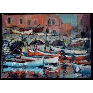 Marine Provence Fishing Port Boats Post Impressionist Unsigned 20th Century Rt1279
