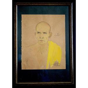 Léa Lafugie Watercolor Portrait Buddhist Monk Wat Arun Bangkok Asia 20th Century Rt1288