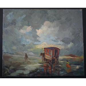 Gypsy Caravan Signed François Lhermite 20th Century Post-impressionist Rt1292