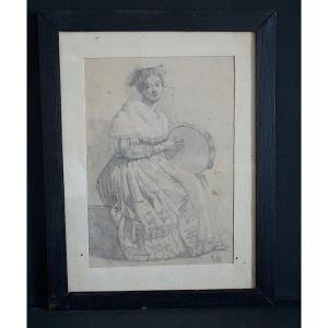 Arlesian Drawing With Tambourine Provence 19th Century Monogram To Identify Rt1297