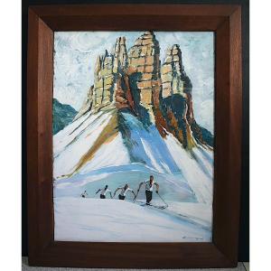 Mountain Landscape Snow Skiing Dolomites Italy Signed To Identify 20th Century Rt1305