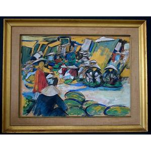 Market Scene Indochina Asia Signed To Identify 20th Century Rt1306