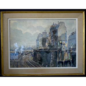 Paris Saint Lazare Station Signed A Guérin Trains Year 1949 20th Century Rt1308