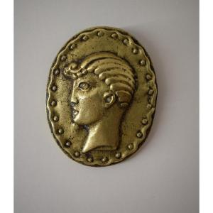 Bronze Medallion Brooch Art Deco  Portrait Of A Man In Profile, Cocteau Style, 1950s Ref1115