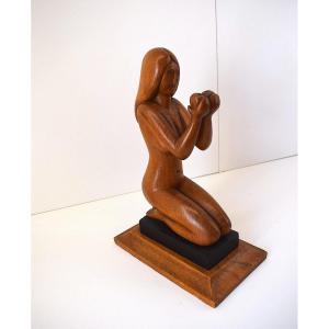Symbolist Sculpture Nude Woman Or Eve With Two Apples Carved Wood Circa 1950 Ref1119