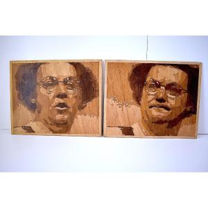 Point Drawing On Wood In Trompe-l'oeil Marquetry Style Portrait Of Coluche Ref1117