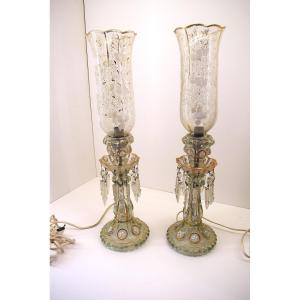* Pair Of Enamelled Glass Tealight Candle Holders Mounted As A Lamp Ref 1131