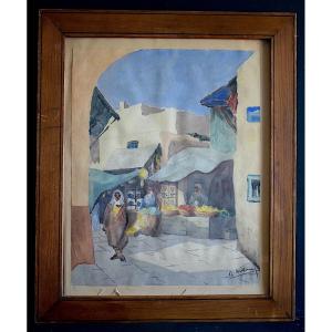 Orientalist Watercolor Market Scene Signed To Identify 19th Century Rt1323