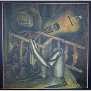 José Dos Santos Brito Still Life With Scarf Hat Guitar 70s Rt1325