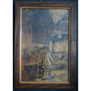 Charles Henri Pille 19th Century Pen Drawing Flight Of Louis XVI To Varennes? Rt1338