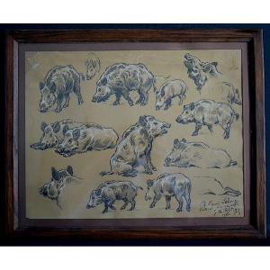 Georges-frédéric Rötig Animal Drawing Study Of Wild Boars Dated 1933 20th Century Rt1344