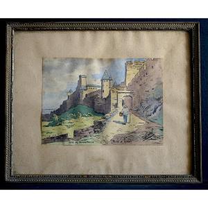 Watercolor City Of Carcassonne Porte d'Aude Signed To Identify Early 20th Century Rt1348