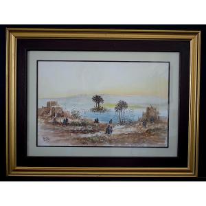 Watercolor Morocco Signed Majid Fartal Animated Landscape 20th Century Rt1349