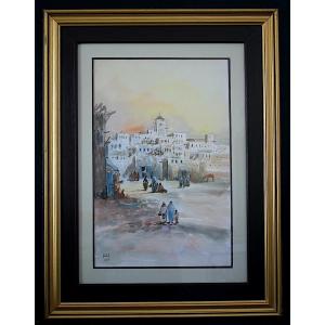 Watercolor Morocco Signed Majid Fartal Animated Landscape 20th Century Rt1350