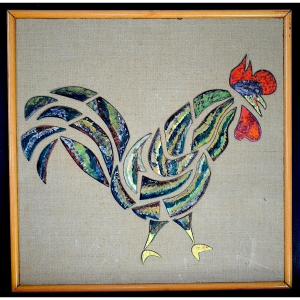 Rooster On Enamelled Copper 1950s-1960s 20th Century Rt 1368