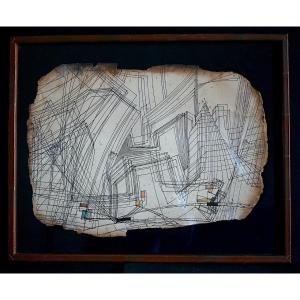 Abstract Graphic Drawing Inspired By Usa New York Mixed Media 20th Century Rt1370