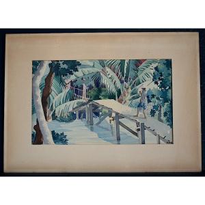 Watercolor Indochina Vietnam, Water Carrier Landscape Signed Nha 1950s 20th Century Rt1370