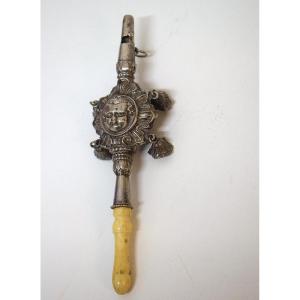 Solid Silver Whistling Rattle With Child's Face And Sun In Louis XIV Style Ref1153 