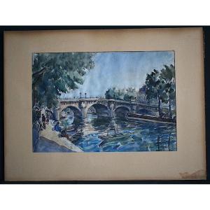 André Malterre Watercolor Paris Pont Neuf Watercolor 1949 Rt1385