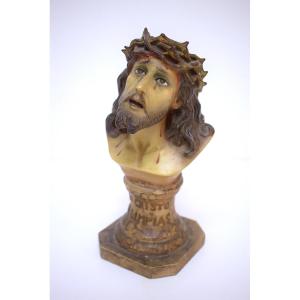 Painted Terracotta Bust Of Christ With Sulfide Eyes, Spain, Ref1165   