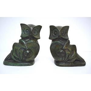 Pair Of Repoussé Metal Owl Bookends With Green Patina Ref1171 