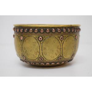 Ottoman Hammam Bowl In Tombak With Silver Trim, Turkish Orientalist Metalwork, Ref1173