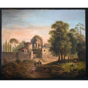 Genre Scene In The Italian Countryside, Figures, Animals, Ruins, 19th Century, Unsigned, Rt1389