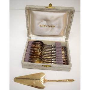 Ercuis Dessert Service With 12 Forks And 1 Pie Server, Gold-plated Metal, Ref1195