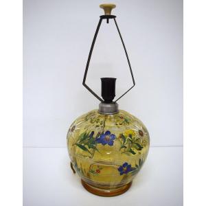 Amber Enameled Glass Globe Lamp With Floral Decoration, Circa 1930-1950, Ref. 1200 