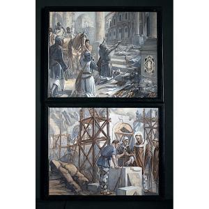 Pair Of Gouache Paintings, Medieval, Crusades, Crusaders, Church History, 20th Century, Rt1390