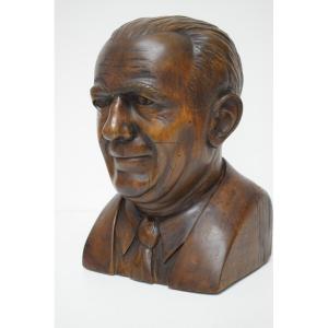  Sculpture: Carved Wooden Bust Of Marcel Pagnol, Circa 1950-1960, Ref1202