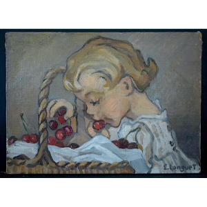 E Longuet Veyradier The Child With Cherries Portrait Early 20th Century Rt1393