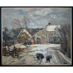 Countryside Landscape With Snow, Signed Jordan, Farmyard, Turkeys, Post-impressionist Rt1396