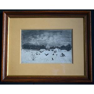 Lepic Ludovic Napoléon, Signed Etching, Animated Snow Landscape, 19th Century, Rt1415