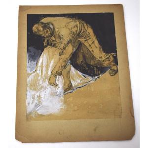 Henry Cayon Pencil Drawing India Ink Gouache Study Of A Toreador Bullfight Tauromachy Rm04