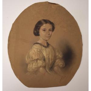 Portrait Drawing Of A Young Woman, Bust-length, In Black Stone And Pastel. Signed, To Be Identified: Rm05
