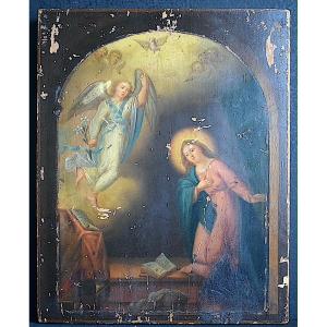 Russian Icon On Wood, The Annunciation, Angel Gabriel, Virgin Mary, Early 19th Century, Rt1424