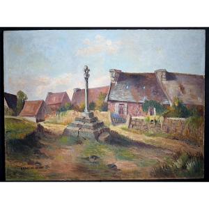 Post-impressionist Breton Landscape, Breton Village, Kroaz Aa Muen, Calvary, 20th Century, Rt1425