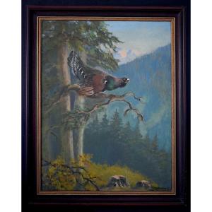 The Western Capercaillie Or Wood Grouse, Forest Landscape, 20th Century, Signed, To Be Identified, Rt1428