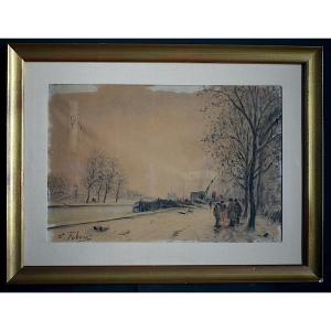 Edouard Febvre (1885-1967) Watercolor, Barges, Paris, Banks Of The Seine, Figures Rt1429