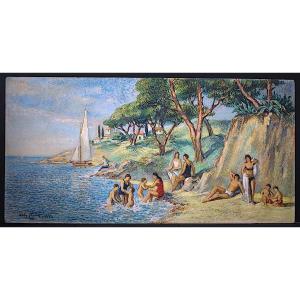 André Thomas Beach Scene Bathers Post-impressionist 20th Century Rt1433 