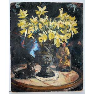 Still Life With Flowers, Monogram Mk (?), Daffodils, Buddha, Vase, Bird, Early 20th Century, Rt1440
