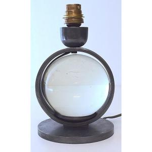 Edgar Brandt Modernist Table Lamp Art Deco Glass Ball And Wrought Iron Signed Ref1114