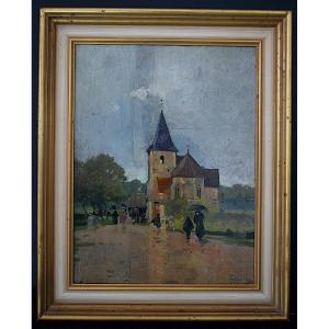 Impressionist Dated 1903 Village Animated Under The Rain Burgundy Signed To Be Identified Rt1451